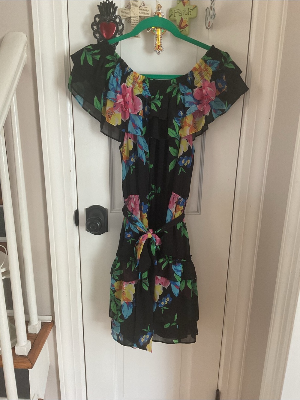 Ralph Lauren Black Floral Off-Shoulder Ruffle Dress with Tie